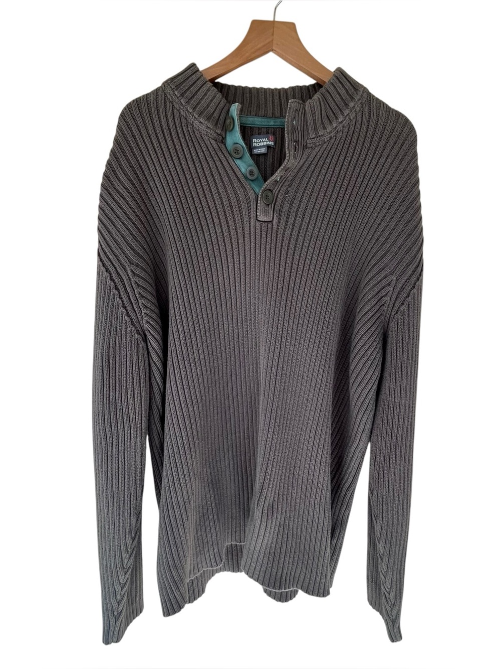 Royal Robbins Rib Knit Cotton Henley Sweater Gray Men’s Large Outdoor